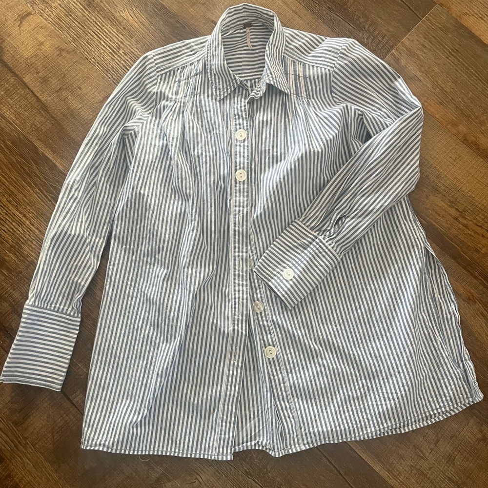 Free People Blue and White Striped Button Down Shirt